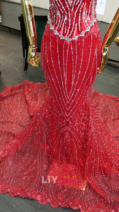 Sequin Beaded Mermaid Gown with Scalloped Train
