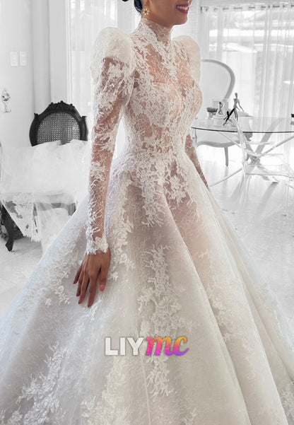 High-Neck Lace Ball Gown Wedding Dress