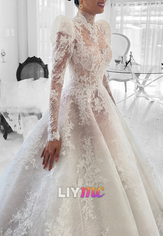 High-Neck Lace Ball Gown Wedding Dress