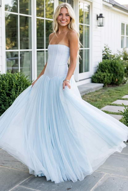 Strapless Corset Dropped-Waist Tulle Maxi Dress