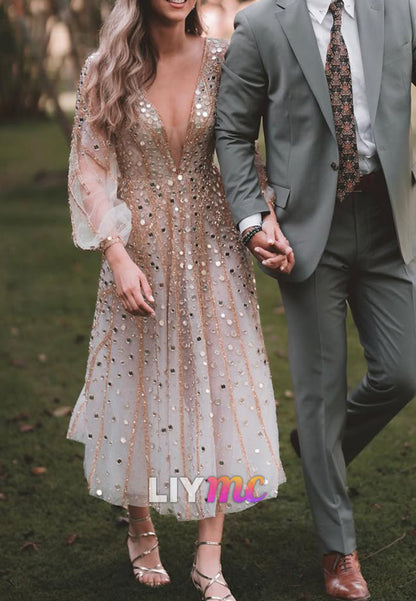 Sequin Embellished Deep V-Neck Midi Dress with Long Sleeves