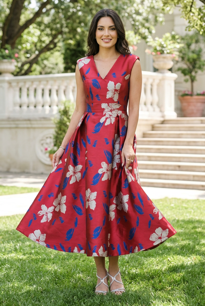 Floral Brocade V-Neck A-Line Midi Dress