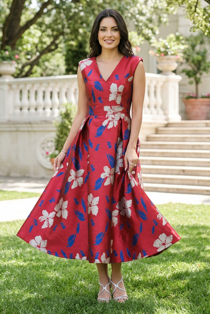 Floral Brocade V-Neck A-Line Midi Dress