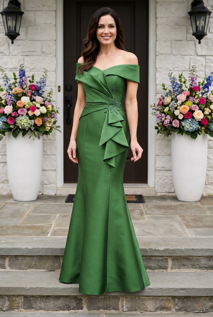 Off-the-Shoulder Mermaid Gown with Cascade Ruffle