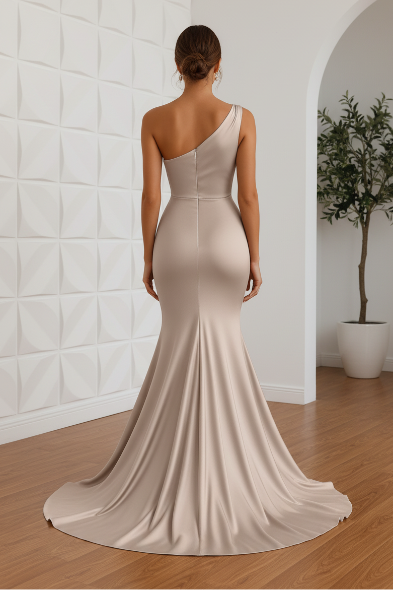 One Shoulder Ruched Satin Mermaid Evening Gown