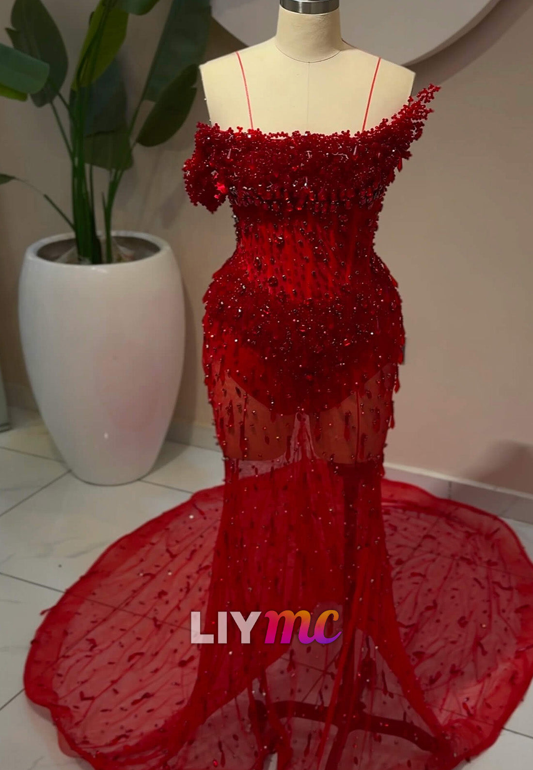 Beaded Illusion Mermaid Gown with Train