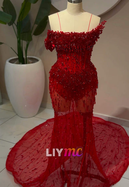 Beaded Illusion Mermaid Gown with Train