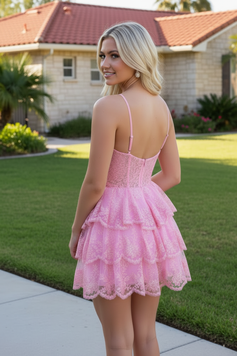 Tiered Lace Corset Mini Dress with Sequins