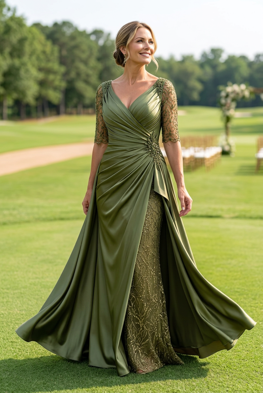Ruched Satin Gown with Beaded Slit Panel