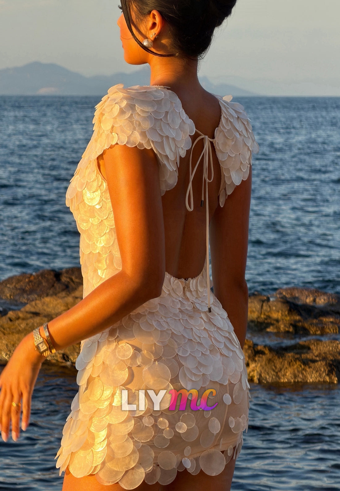Iridescent Disc Paillette Open Back Mini Dress