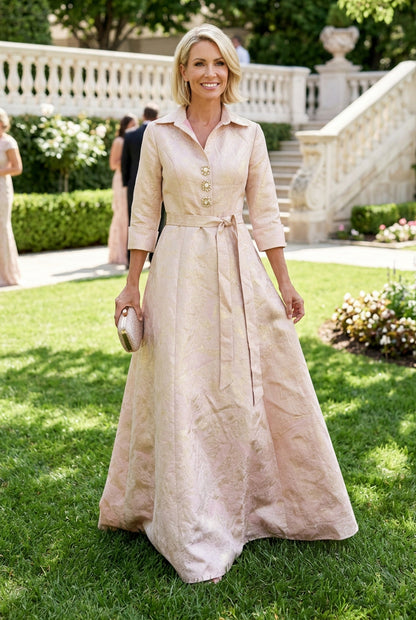 Collared Brocade A-Line Gown with Tie Belt