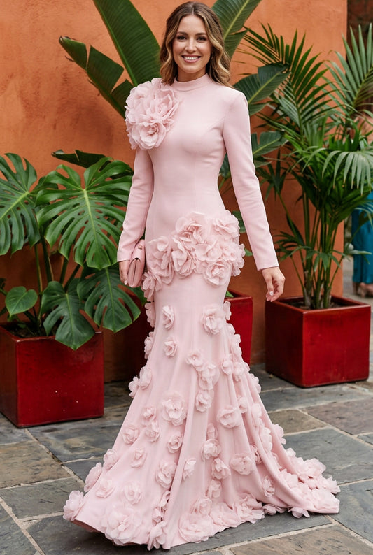 High Neck Floral Applique Trumpet Gown with Sleeves