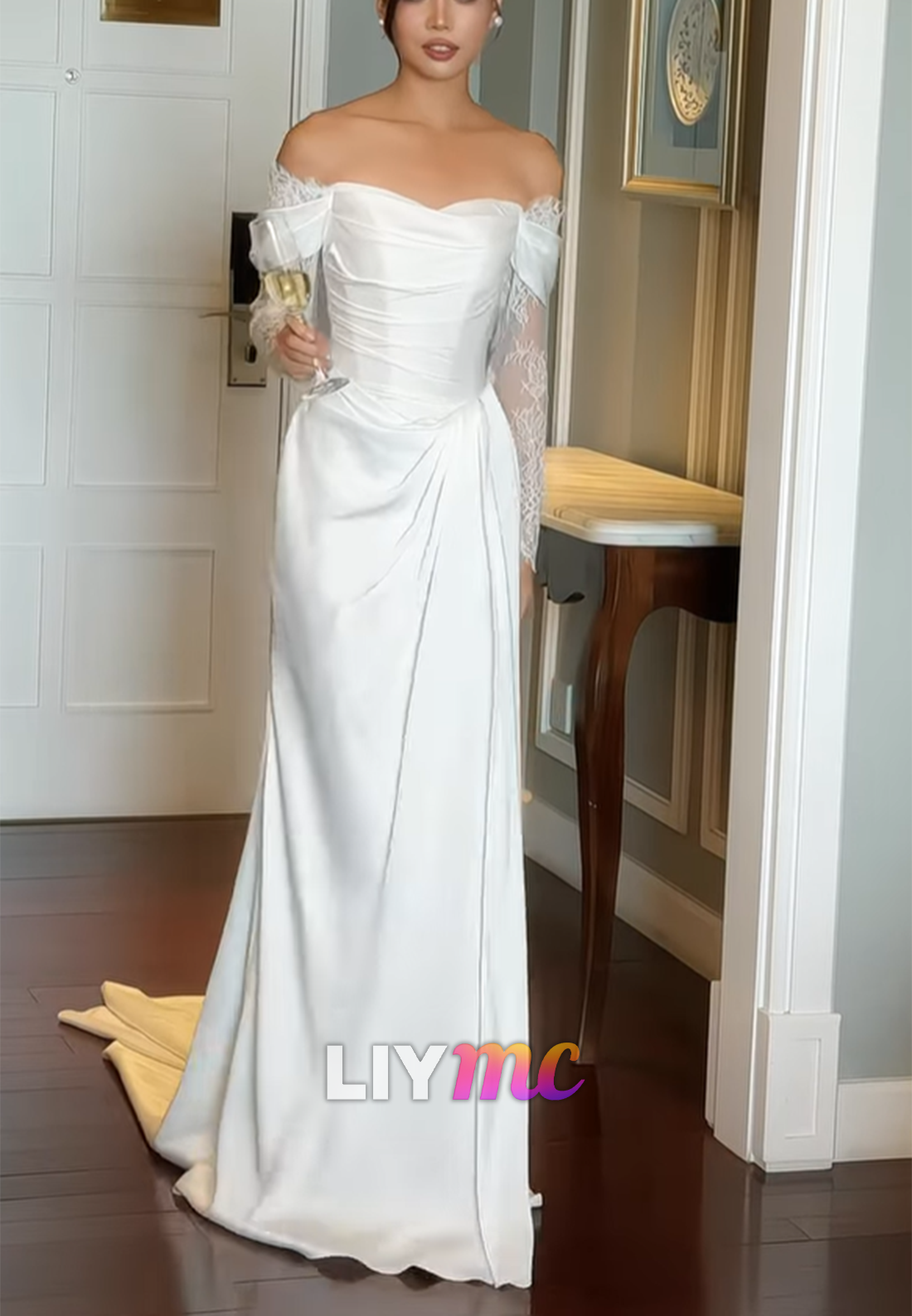 Off-The-Shoulder Ruched Satin Wedding Dress