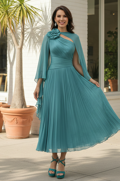 Asymmetrical Pleated Midi Dress with Cape Sleeves