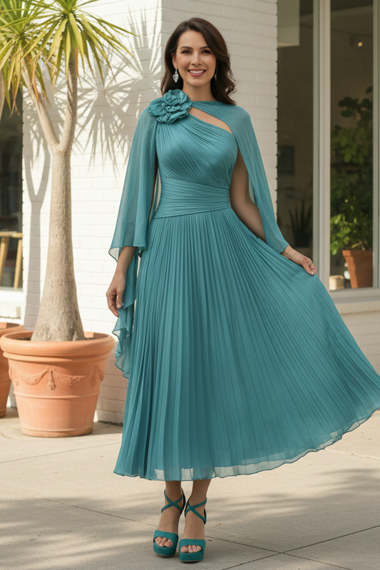 Asymmetrical Pleated Midi Dress with Cape Sleeves