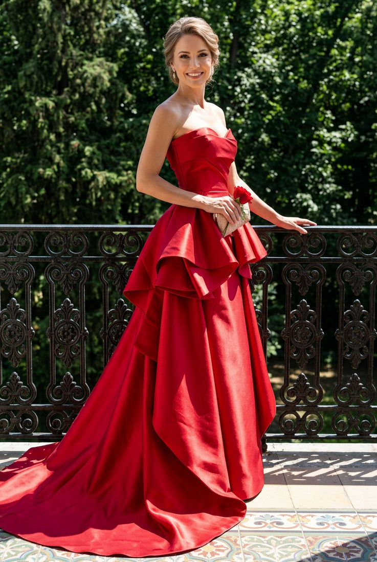 Strapless Peplum Evening Gown with Tiered Drape