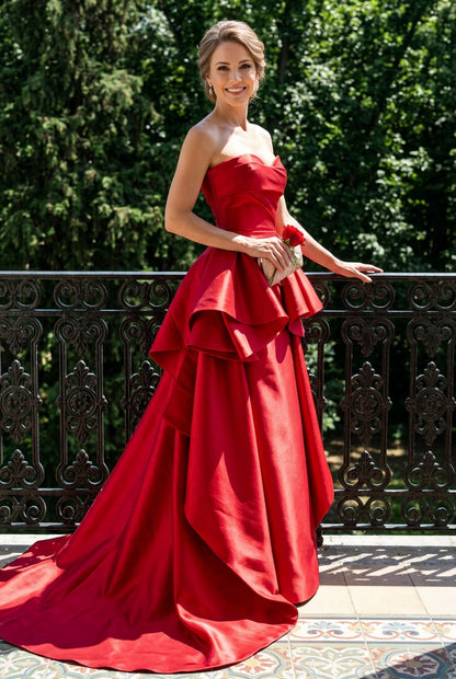 Strapless Peplum Evening Gown with Tiered Drape