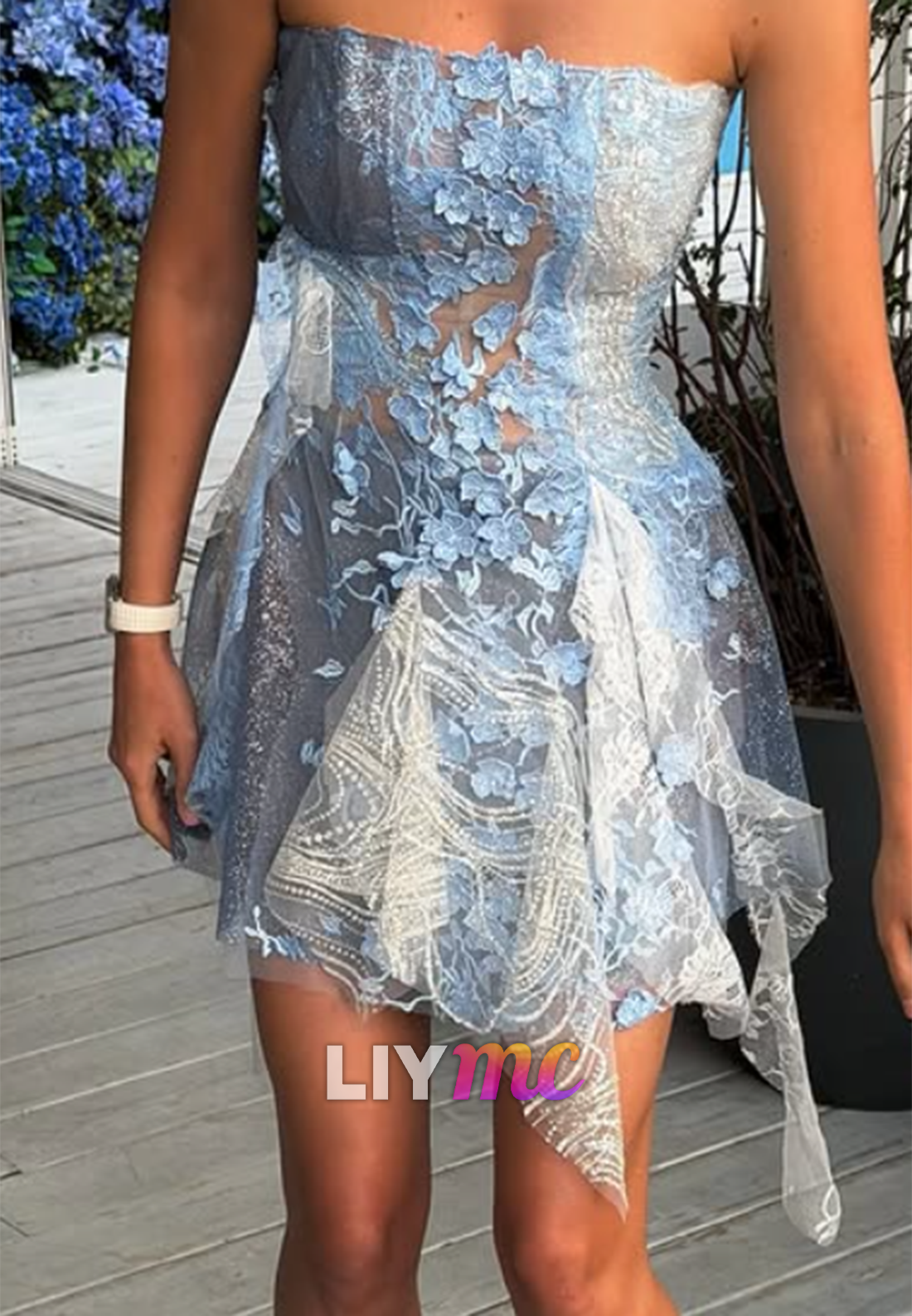 Strapless Lace Asymmetrical Mini Dress