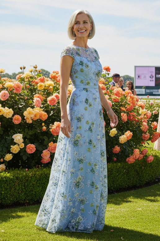 Embroidered Cap Sleeve A-Line Evening Dress