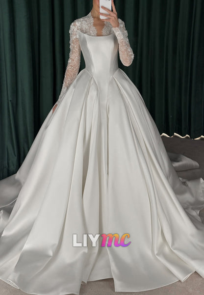 Satin Ball Gown Wedding Dress with Lace Sleeves