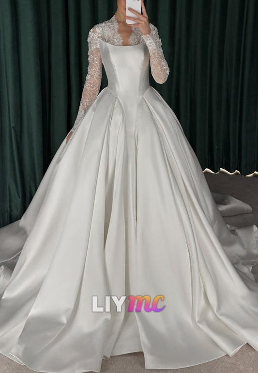 Satin Ball Gown Wedding Dress with Lace Sleeves