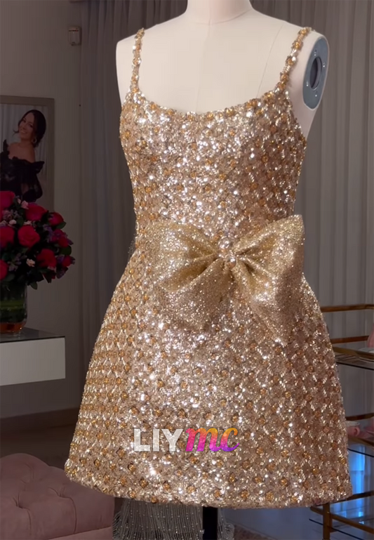 Sparkly Beaded A-Line Mini Dress with Statement Bow
