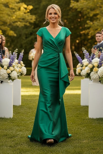 Cap Sleeve V-Neck Mermaid Gown with Side Drape