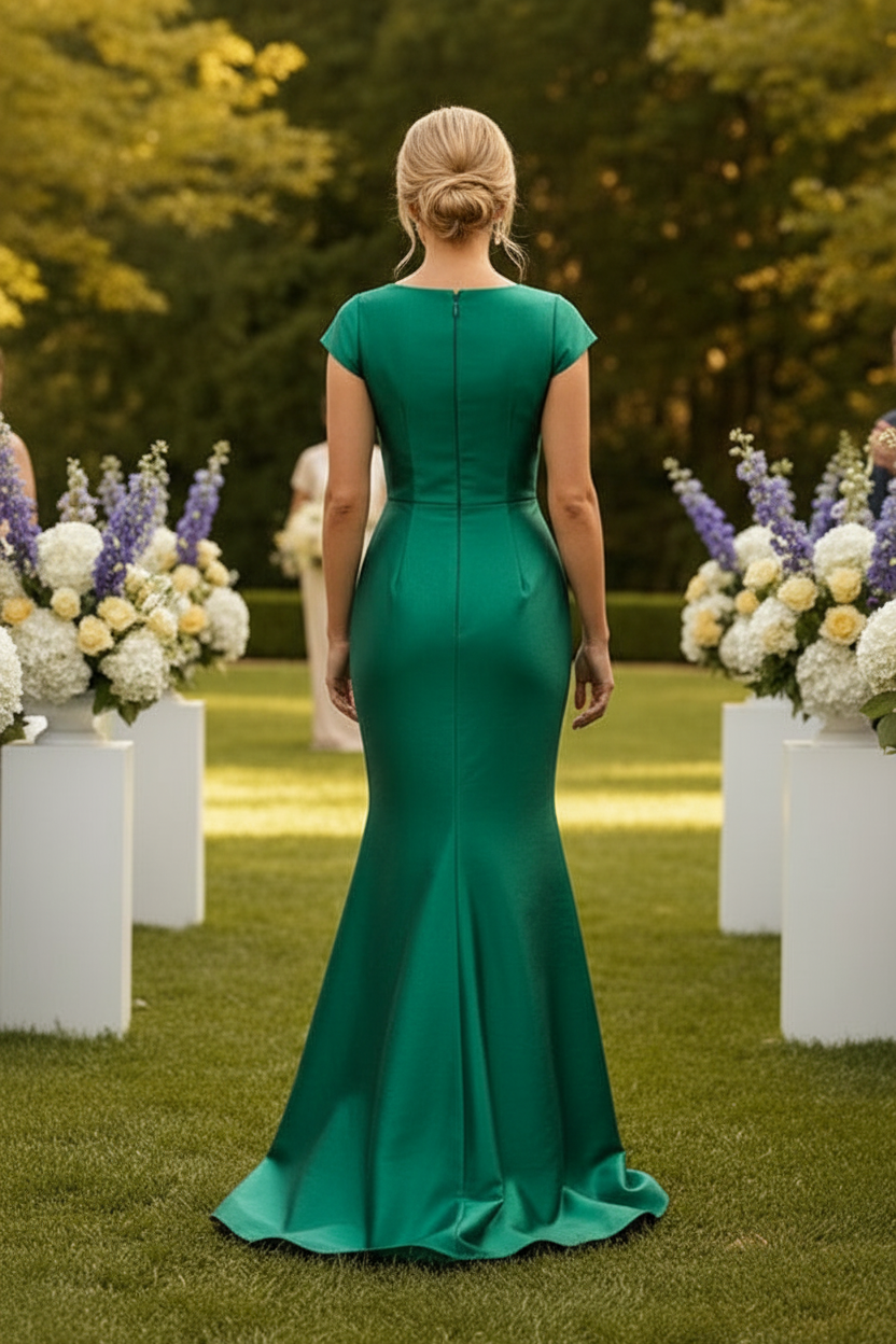 Cap Sleeve V-Neck Mermaid Gown with Side Drape