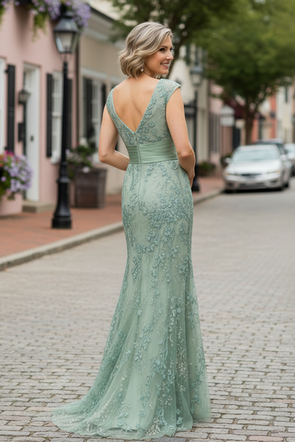 V-Neck Lace Applique Mermaid Formal Gown