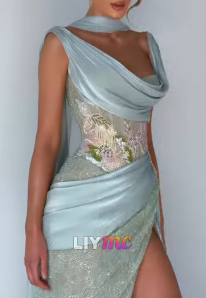 Sequin Gown with Illusion Floral Waist & Cowl Neckline