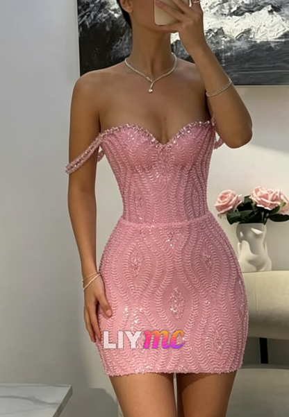 Beaded Off-The-Shoulder Sweetheart Mini Dress