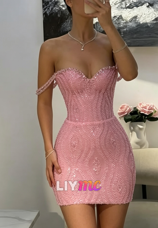 Beaded Off-The-Shoulder Sweetheart Mini Dress