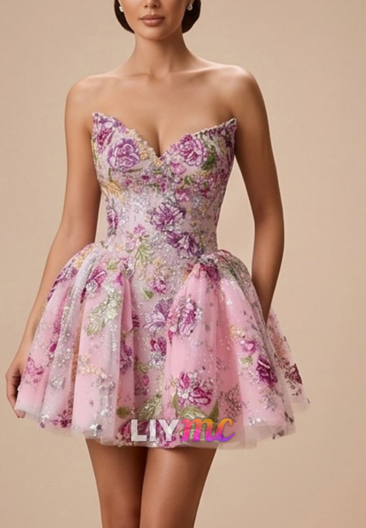 Strapless Floral Embroidered Tulle Mini Dress