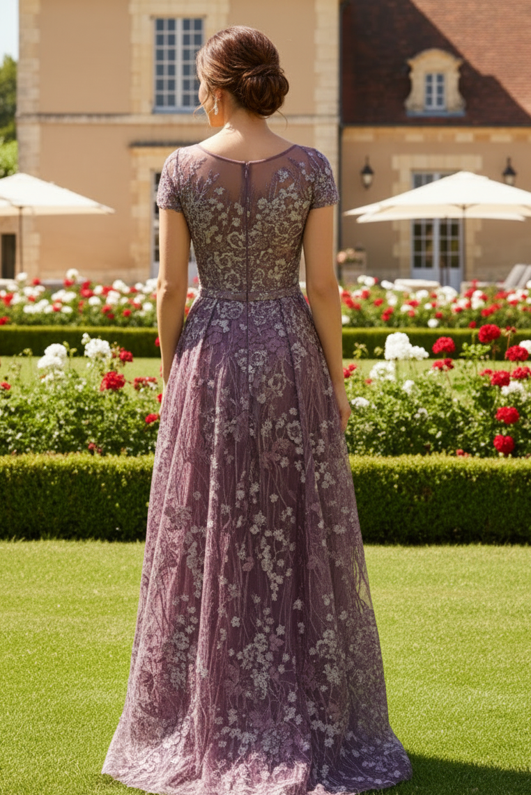 Floral Embroidered Illusion Neckline A-Line Gown