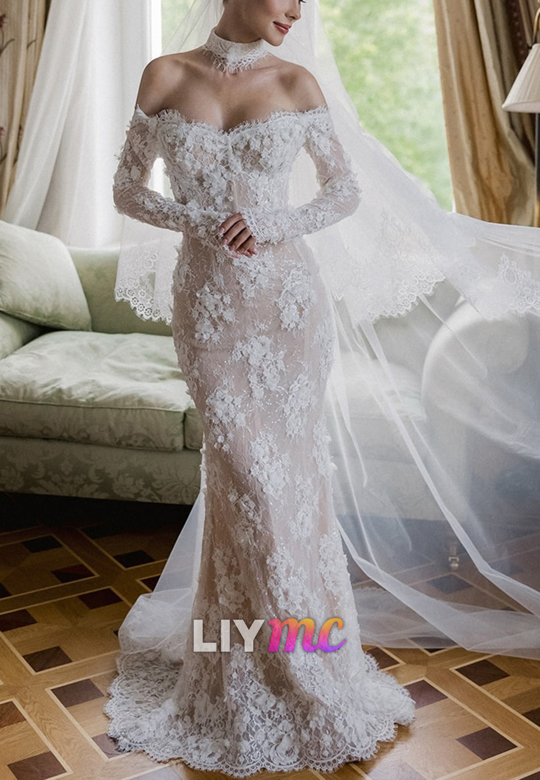 Off-Shoulder Lace Mermaid Wedding Gown with 3D Florals