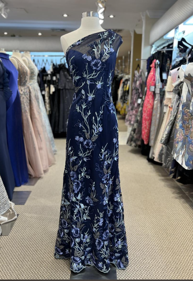 One-Shoulder Embroidered Floral Evening Gown