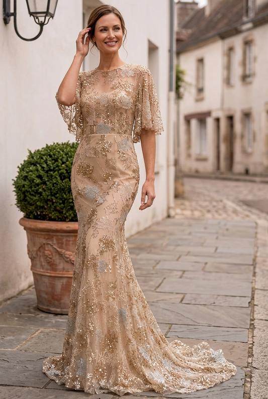 Embellished Mermaid Gown with Cape Sleeves