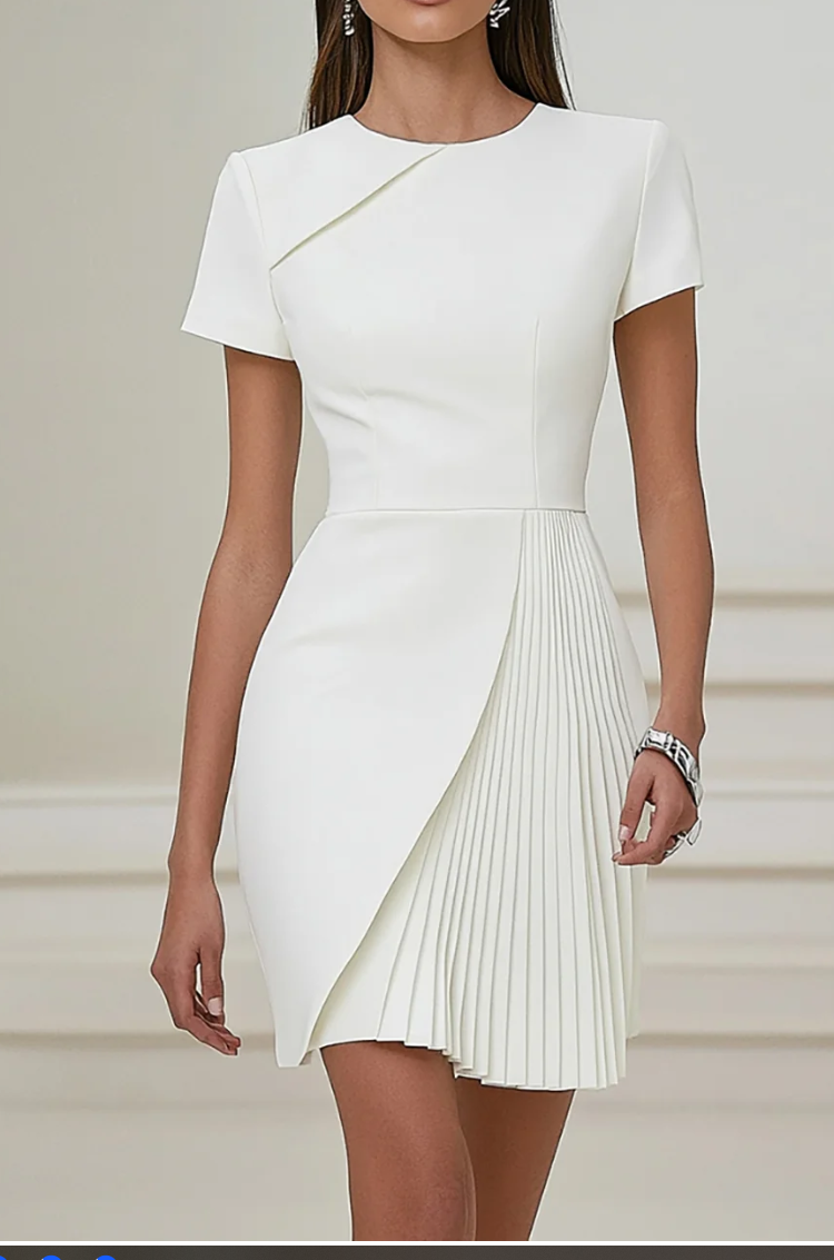Asymmetrical Neck Pleated Wrap Short Sleeve Dress
