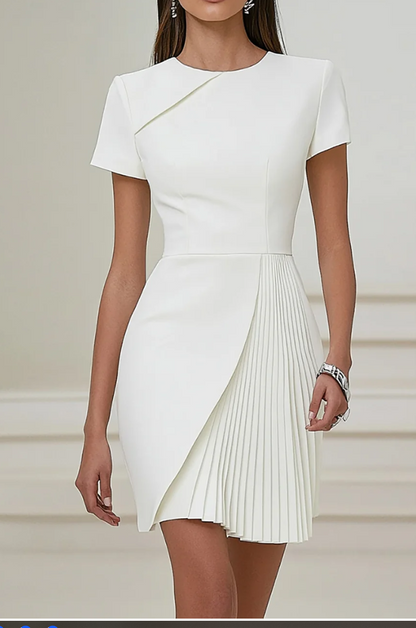 Asymmetrical Neck Pleated Wrap Short Sleeve Dress