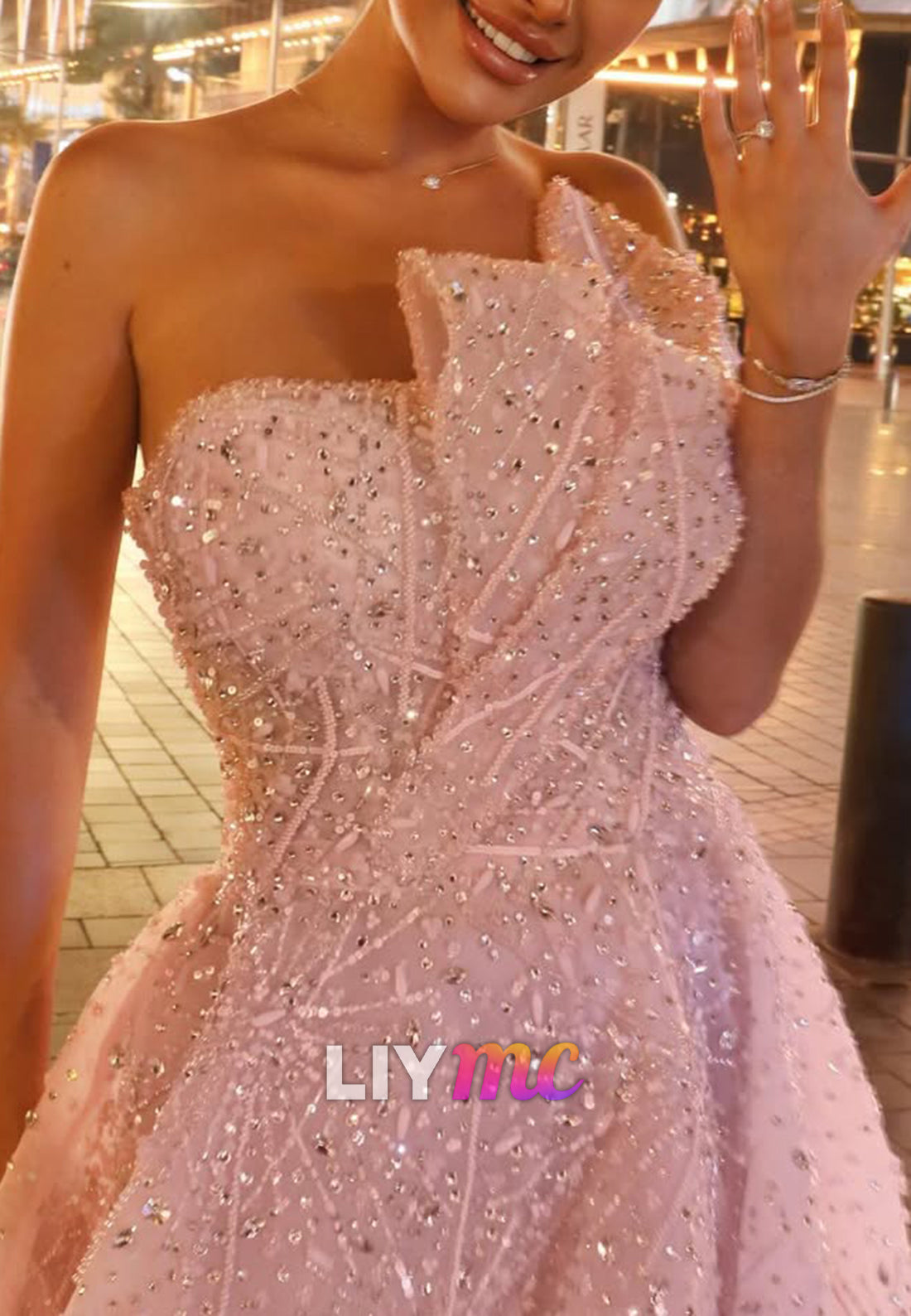 One-Shoulder Beaded A-Line Gown with Sculptural Bodice