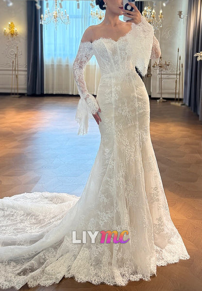 Off Shoulder Long Sleeve Lace Mermaid Wedding Gown