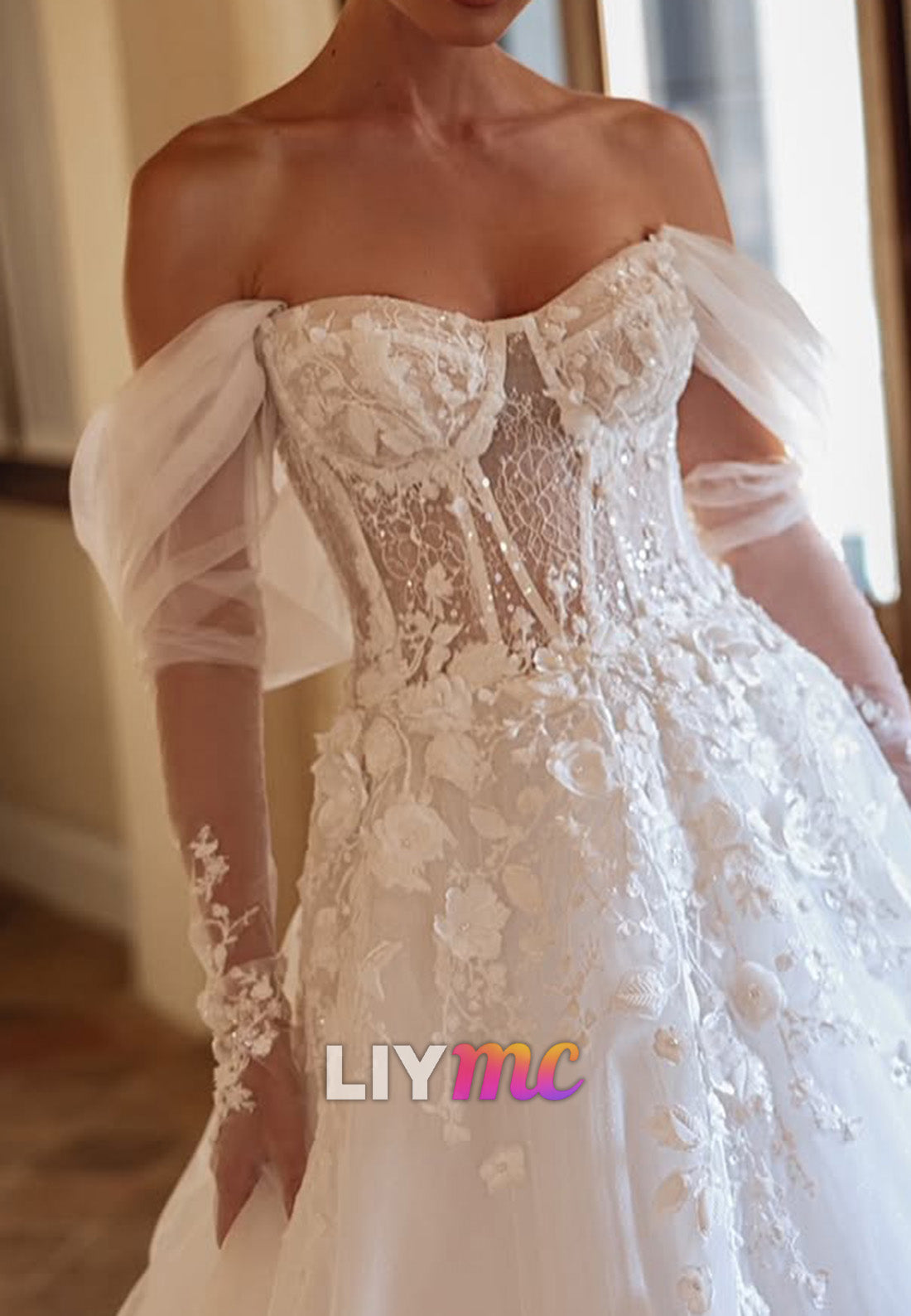 Floral Applique Corset Ball Gown Wedding Dress