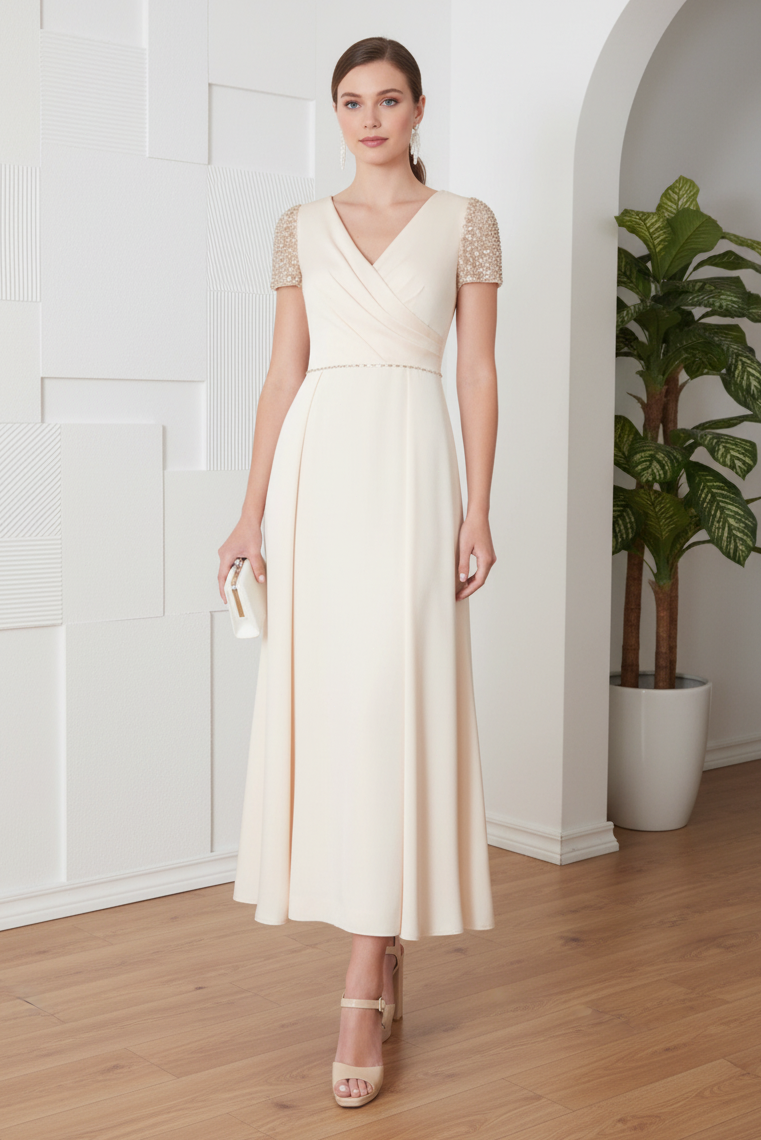 Beaded Sleeve Wrap V-Neck A-Line Midi Dress