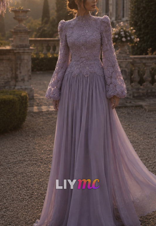 Lace Bodice Long Sleeve Tulle A-Line Evening Gown