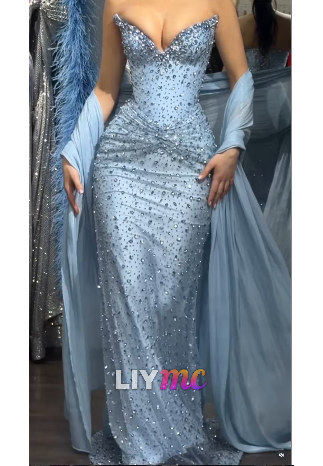 Strapless Beaded Corset Mermaid Evening Gown with Shawl