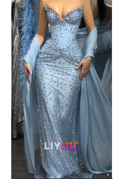 Strapless Beaded Corset Mermaid Evening Gown with Shawl