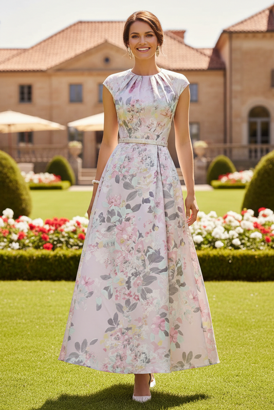 Floral Jacquard Cap Sleeve A-Line Dress