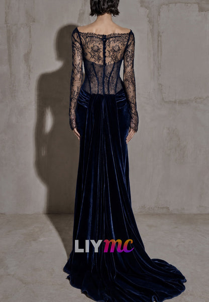 Illusion Lace Corset Velvet Trumpet Gown with Train