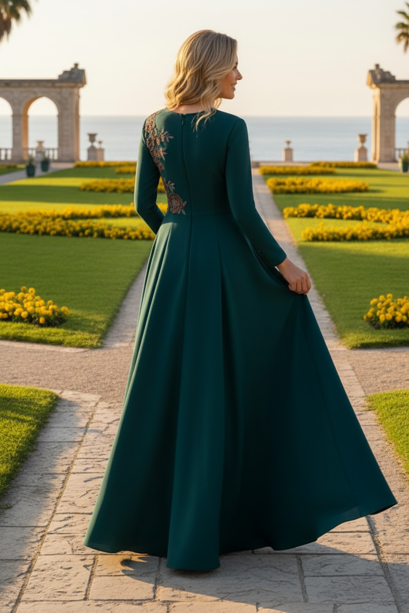 Elegant Embroidered A-Line Evening Gown with Long Sleeves