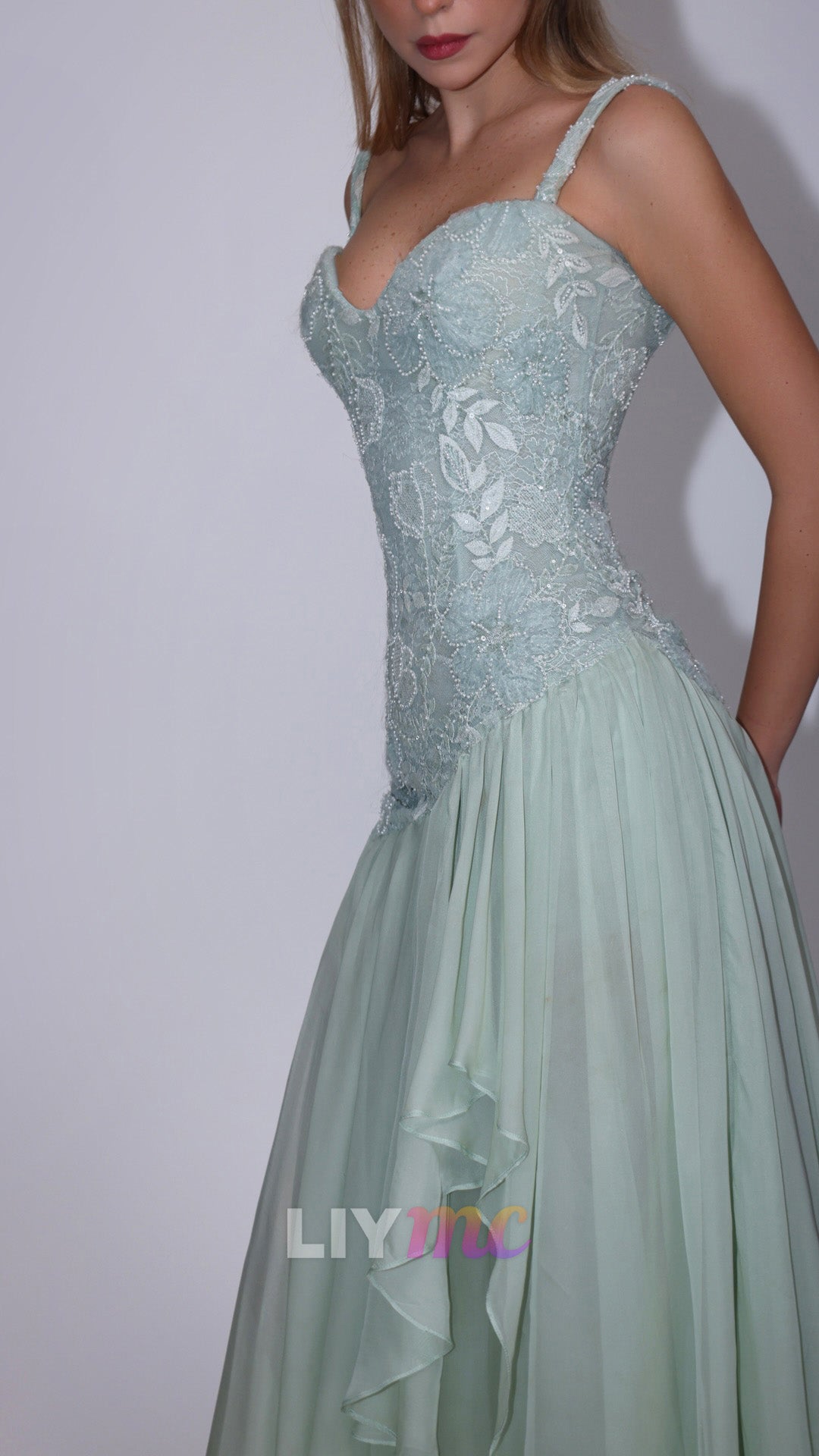 Beaded Lace Bodice Gown with Cascading Ruffle Skirt